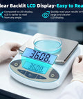 Person operating Pro Grade 5000g Digital Analytical Balance with 0.01g Resolution featuring easy-to-read LCD display.