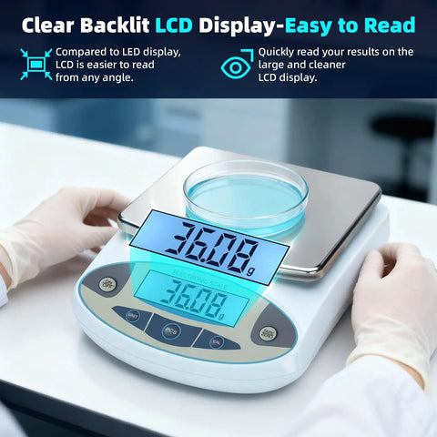 Person operating Pro Grade 5000g Digital Analytical Balance with 0.01g Resolution featuring easy-to-read LCD display.