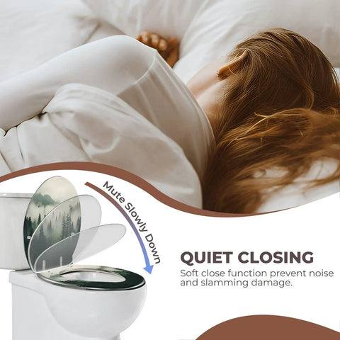 Toilet Seat Round Resin for Bathroom showing soft-close feature and quiet closing function with forest design.