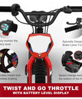 Lightweight Electric Dirt Bike For Kids Kid Friendly, 24V Detachable Battery, 170 340W Motor, Dual Hand Brakes, Twist Throttle, Off Road Electric Balance Bike For Ages 3 To 12, Speeds Up To 10 To 12 MPH, Safe For Beginners And Fun. front handlebars, brake lever, battery display
