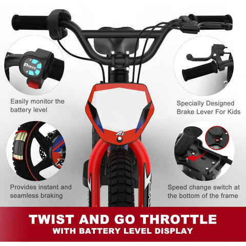 Lightweight Electric Dirt Bike For Kids Kid Friendly, 24V Detachable Battery, 170 340W Motor, Dual Hand Brakes, Twist Throttle, Off Road Electric Balance Bike For Ages 3 To 12, Speeds Up To 10 To 12 MPH, Safe For Beginners And Fun. front handlebars, brake lever, battery display