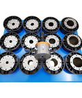 12V Portable Hydraulic Hose Crimper With 13 Quick Swap Dies features 13 dies for crimping different sizes on a blue base.
