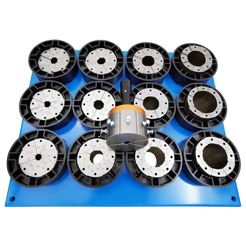 12V Portable Hydraulic Hose Crimper With 13 Quick Swap Dies features 13 dies for crimping different sizes on a blue base.