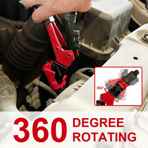 All In One Workhorse Rivet Nut Tool And Rivet Gun With 360 Degree Swivel Head for tight spaces shown in use under car hood.