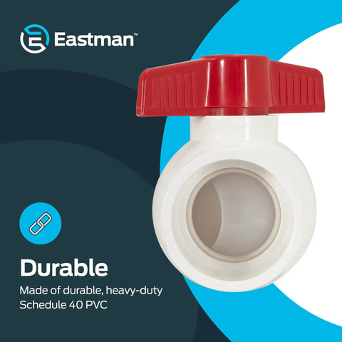 Front view of 2x2 Inch Slip Schedule 40 PVC Quarter Turn Ball Valve with red handle for inline plumbing control.