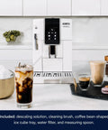 Slick One Touch Bean To Cup Espresso Maker In Crisp White Featuring Integrated Steel Burr Grinder And Adjustable Milk Frother with iced coffee.