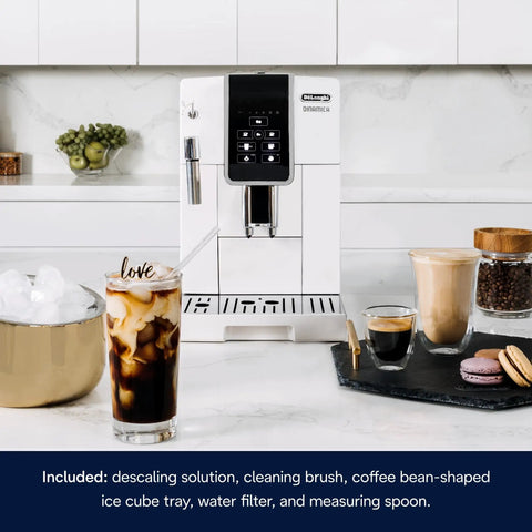Slick One Touch Bean To Cup Espresso Maker In Crisp White Featuring Integrated Steel Burr Grinder And Adjustable Milk Frother with iced coffee.