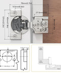 60 Pack Overlay Soft Close Cabinet Hinges, Adjustable Closing Speed For Easy Peasy Kitchen Refresh, 105 Degree Concealed Face Frame detailed view with measurements.