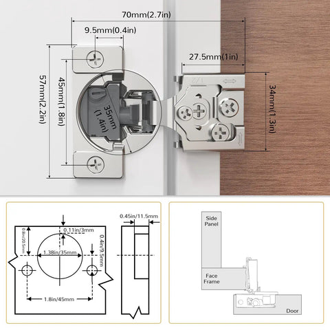 60 Pack Overlay Soft Close Cabinet Hinges, Adjustable Closing Speed For Easy Peasy Kitchen Refresh, 105 Degree Concealed Face Frame detailed view with measurements.