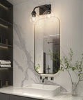 Two Light Industrial Vanity Light Fixtures Over Mirror In Matte Black With Clear Glass Globe Vintage Farmhouse Wall Sconces