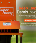Close-up of Beast Electric Leaf Mulcher Shredder For Yard Debris Heavy Duty 120V 15 Amp Motor detail with orange safety catch guard.