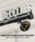Heavy Duty Adjustable Curtain Rod 32 To 150 Inches Black 1 Inch Diameter Extra Long Window Rods With Aluminum Finials Telescoping Design And Easy Install For Wide Windows showing 60 lb weight support with 1-inch rod and improved triangular anchor bracket.