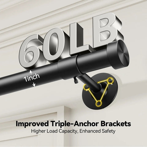 Heavy Duty Adjustable Curtain Rod 32 To 150 Inches Black 1 Inch Diameter Extra Long Window Rods With Aluminum Finials Telescoping Design And Easy Install For Wide Windows showing 60 lb weight support with 1-inch rod and improved triangular anchor bracket.
