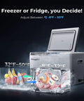 Road Trip Ready 23 Quart Portable Car Fridge With 12V 24V DC And 110 To 240 Volt AC Power For Truck Van RV Camper SUV Camping And Tailgating From Minus Seven Degrees Fahrenheit To Fifty Degrees Fahrenheit with fridge and freezer illustration