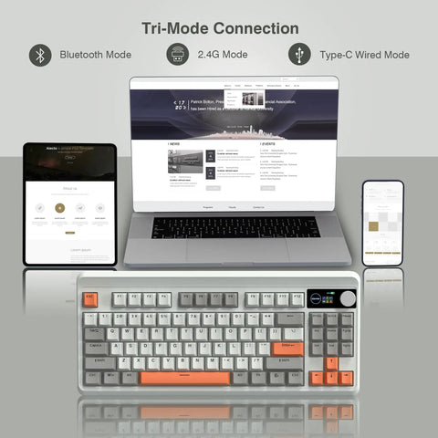 75 Percent Mechanical Keyboard With Tri Mode Wireless Connection And Interactive TFT Display Featuring A Programmable Knob For Custom GIFs And Next Level Typing On Your Dope Gaming Rig with devices.