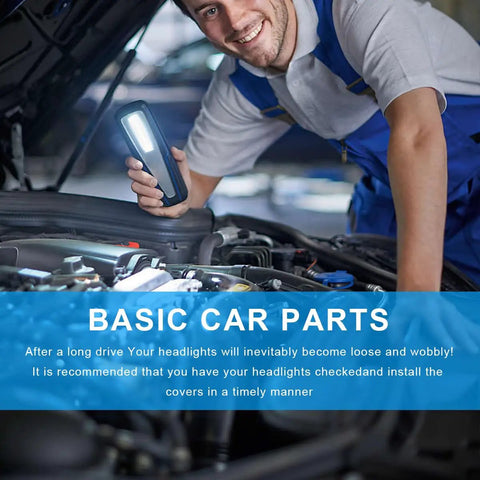 Mechanic inspecting engine with flashlight, discussing installation of Road Ready Universal 80mm Headlight Dust Caps.
