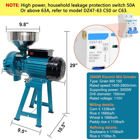 Heavy Duty Electric Wet And Dry Grain Mill Grinder 3000W High Power Milling Machine 110V Commercial Grain Grinder with dimensions.