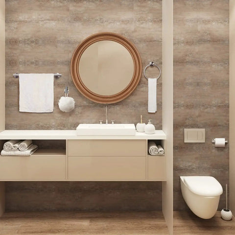 Six Piece Brushed Nickel Bathroom Hardware Set With Wall Mount Includes 23 Inch Towel Bar 17 Inch Towel Bar Toilet Paper Holder Towel Ring And 2 Hooks Made From SUS304 Stainless Steel Built Tough Rust Resistant For A Modern Bathroom Upgrade displayed in room.