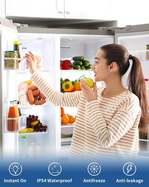 Woman opening fridge lit by Super Bright 5W LED Refrigerator Light Bulb With E26 Base 120V 5000K Daylight Not Dimmable Replaces 40W Incandescent