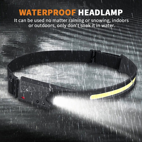 Rechargeable 230 Degree Wide Beam Headlamp With 5 Modes Motion Sensor Adjustable Headband in rain