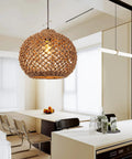Seagrass Boho Chic Vibe Chandelier Hanging Lamp Natural Rattan Weaving Single Light Fixture over kitchen island