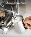 Game Changing Espresso Machine With Built In Grinder And 20 Bar Pressure, Hassle Free Milk Frother For Rich Cappuccinos, Stainless Steel Home Brewer That Truly Slaps And Saves Space, stainless steel steam wand creating microfoam.