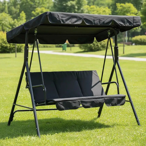 Three Seat Outdoor Porch Swing With Adjustable Canopy, Breathable Cushioned Seat And Back, Comfy Armrests, Heavy Duty Frame