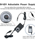 Image of 3V-12V adjustable power supply showing controller dial and plug for 120mm Variable Speed Axial PC Cooling Fan With Controller And AC Plug Universal 120V 110V 220V Powerful Quiet Case Fan For PC Server Cabinet DVR TV Router Xbox And More.