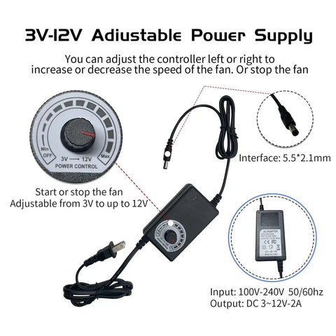 Image of 3V-12V adjustable power supply showing controller dial and plug for 120mm Variable Speed Axial PC Cooling Fan With Controller And AC Plug Universal 120V 110V 220V Powerful Quiet Case Fan For PC Server Cabinet DVR TV Router Xbox And More.