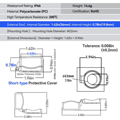 22mm Push Button Switch With Clear Protective Cover IP66 Waterproof No Fuss Install 24x41mm Outer Seal 3M Double Sided Tape For 22mm Switches Desktop PC Setup 2 Pack technical diagram