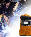 Leather Welding Hood With Flip Open Lens For Easy On Off Protection Cowhide Welding Mask next to welder in action