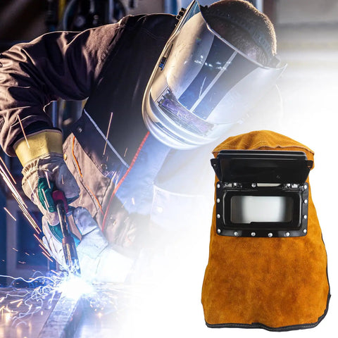 Leather Welding Hood With Flip Open Lens For Easy On Off Protection Cowhide Welding Mask next to welder in action