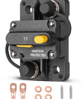 Hardcore 15 Amp Manual Reset Circuit Breaker Designed For Marine RV Truck And Solar Power Builds 12 To 32 Volt DC with terminals and hardware.