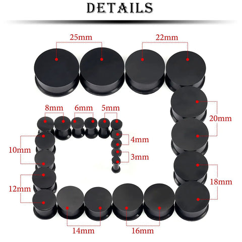 Black Soft Silicone Ear Gauges Set 8G To 25mm Stretching Kit For Women Men in 13 sizes from 3mm to 25mm with details
