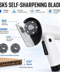 Built Tough Cordless Electric Cutter With 4V Motor And 3000mAh Battery, Rotary Shears SK5 self-sharpening blade for precision cuts.
