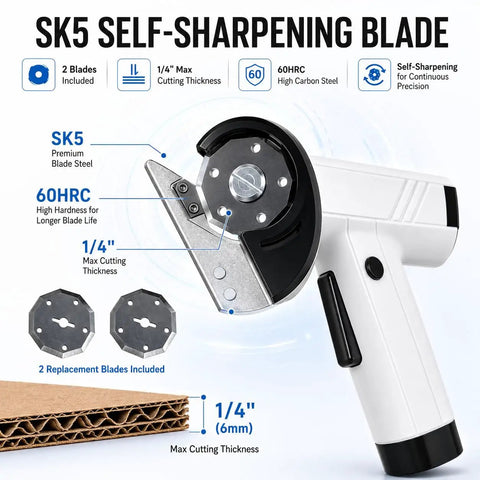 Built Tough Cordless Electric Cutter With 4V Motor And 3000mAh Battery, Rotary Shears SK5 self-sharpening blade for precision cuts.