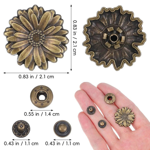 Antique Bronze Metal Snap Buttons Set Ten Pieces Durable Zinc Alloy Fasteners For Leather Craft Handbags Purses Bags Clothing DIY With Vintage Look And Rust Proof Finish in various sizes displayed on hand