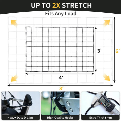 Heavy Duty Truck Bed Cargo Net For Pickup And SUV, 4 By 3 Feet Stretching To 8 By 6, grid layout with D-clips and hooks