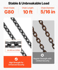 Comparison of G80 alloy steel 5/16 in 10 ft chain with regular strength chain, showing strength and stability for lifting.