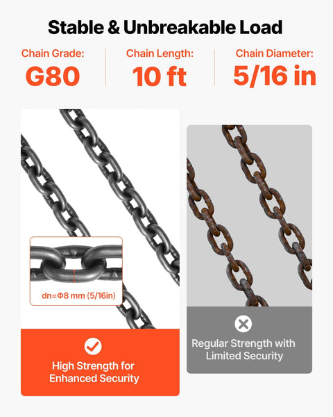 Comparison of G80 alloy steel 5/16 in 10 ft chain with regular strength chain, showing strength and stability for lifting.