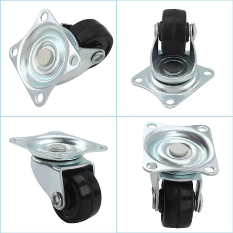 Low Profile 1 Inch Caster Wheels Set 8 Pcs Heavy Duty Rubber Swivel Casters With Bearings And Top Plate 22 Lbs Per Wheel Capacity 360 Degree Swivel For Furniture And Appliances Screws Included shown from multiple angles with top plate and rubber wheels.