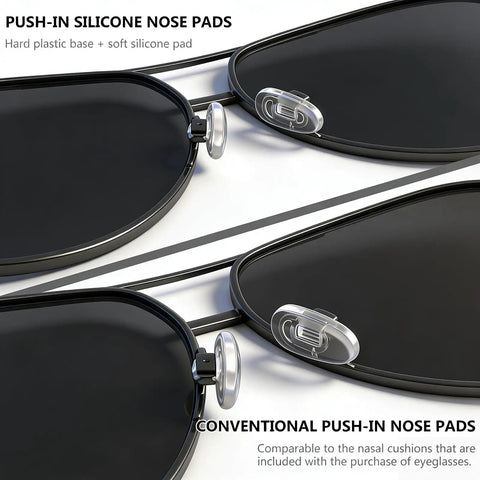 Push In Eyeglass Nose Pads Replacement Kit With 18 Pairs Six Size Options For A Custom Fit Spare Nose Pads shown on sunglasses