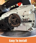 Close-up of a Three Eighth Inch 6 Tooth Clutch Drum Spur Sprocket Bearing Kit installed in a Stihl chainsaw body.