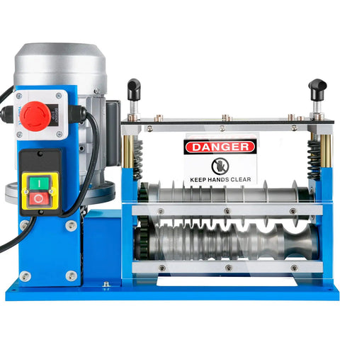 Front view of Automatic Wire Stripping Machine With 370W Motor Delivers Fast Copper Cable Stripping From 0.06 Inch To 1.5 Inch Up To 98 Feet Per Minute 11 Channels 10 Blades Ideal For Scrap Recycling And Save You Time On Cable Prep.