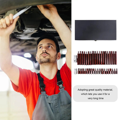 Man using wrench under car with 40 Piece Star Spline Socket Bit Set Built For Fast Auto Fixes And Weekend Wrenching.