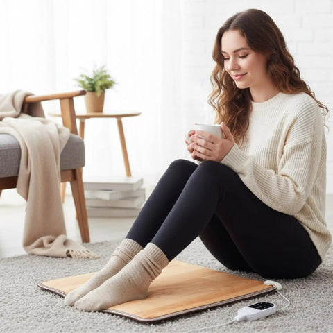 Woman enjoying a cup of coffee sitting on Cozy Foot Warmer Heated Floor Mat With 110V PVC Design 10 Temperature Settings, under desk.