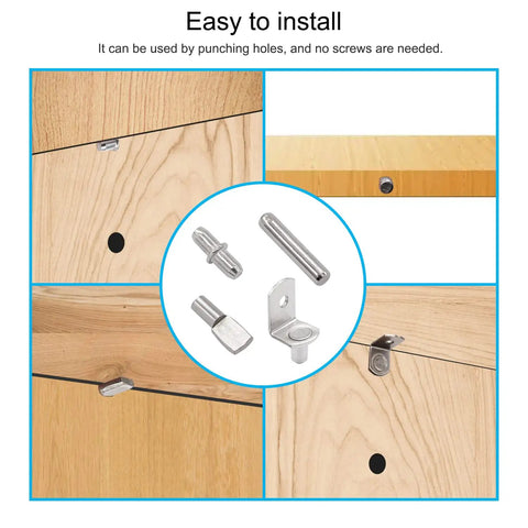Top Shelf 100 Piece Nickel Plated Shelf Pins Kit With Four Styles For Cabinets Closets And Furniture Heavy Duty Zinc Alloy Pegs No Sweat Assembly Quick Change Design Guaranteed, showcasing various peg styles installed in wood.