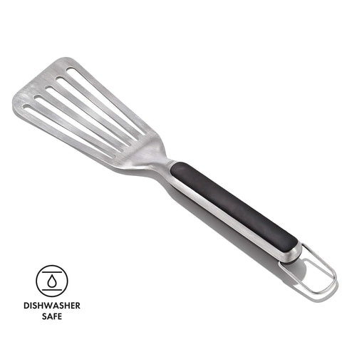 Grilling Tool Precision Turner For Effortless Burger Flips And Flaky Fish Fillets With Thin Beveled Head Non Slip Grip And Hanging Ring OXO Good Grips Black, stainless steel spatula with black handle.