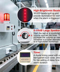 Industrial Cycle Timer Siren Alarm With Adjustable 5 To 115 Decibel Loud Volume And Auto Repeat Timing Plus Bright Red Flashing Warning Light for industrial safety, installed on factory wall.