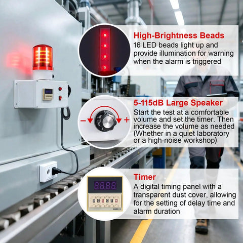 Industrial Cycle Timer Siren Alarm With Adjustable 5 To 115 Decibel Loud Volume And Auto Repeat Timing Plus Bright Red Flashing Warning Light for industrial safety, installed on factory wall.